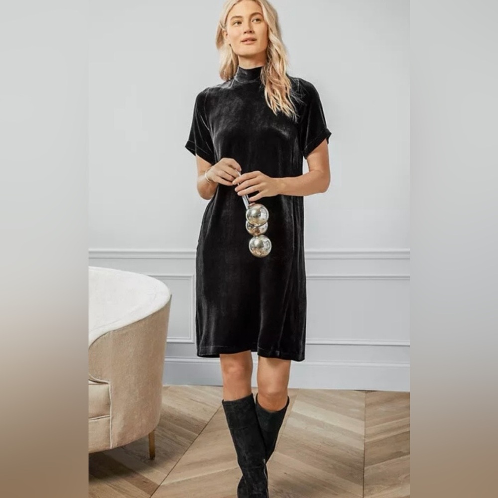 Eileen Fisher Charcoal Velvet Tie-Back Shift Dress, NWT, Size Small